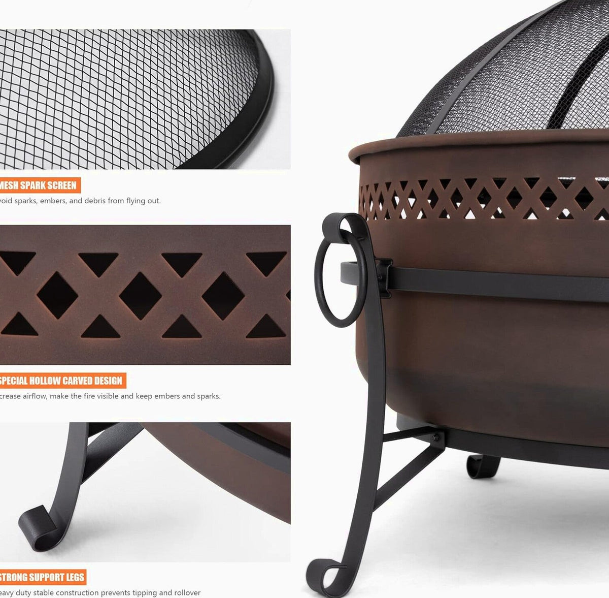 SUNCREAT 42” Patio Fire Pit Wood Burning with Mesh Spark Screen, Bonfire Outdoor firepit with Fireplace Poker, Black