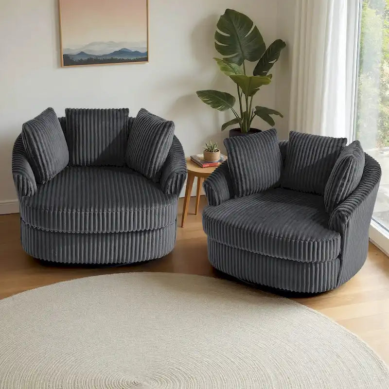 2-Piece Oversized 43 W Plush Corduroy Swivel Barrel Chairs With Pillows