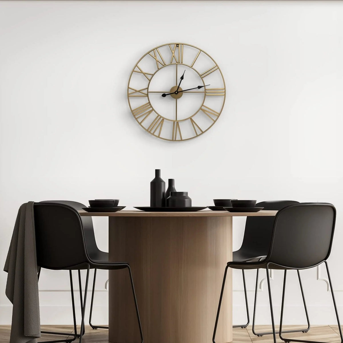 24 Inch Round Black Powder-Coated Metal Wall Clock With Gold-Tone Hands