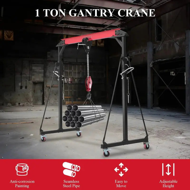 GARVEE Adjustable 1-Ton Portable Gantry Crane, 2200-Lb Capacity, 96.5-143.7 In Height