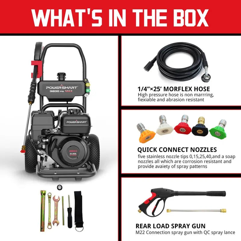 PowerSmart Gas Pressure Washer, 3200 PSI, 2.5 GPM, 5 Nozzles, 0.7 Gallon Gas Tank, 0.8 Gallon Soap Tank