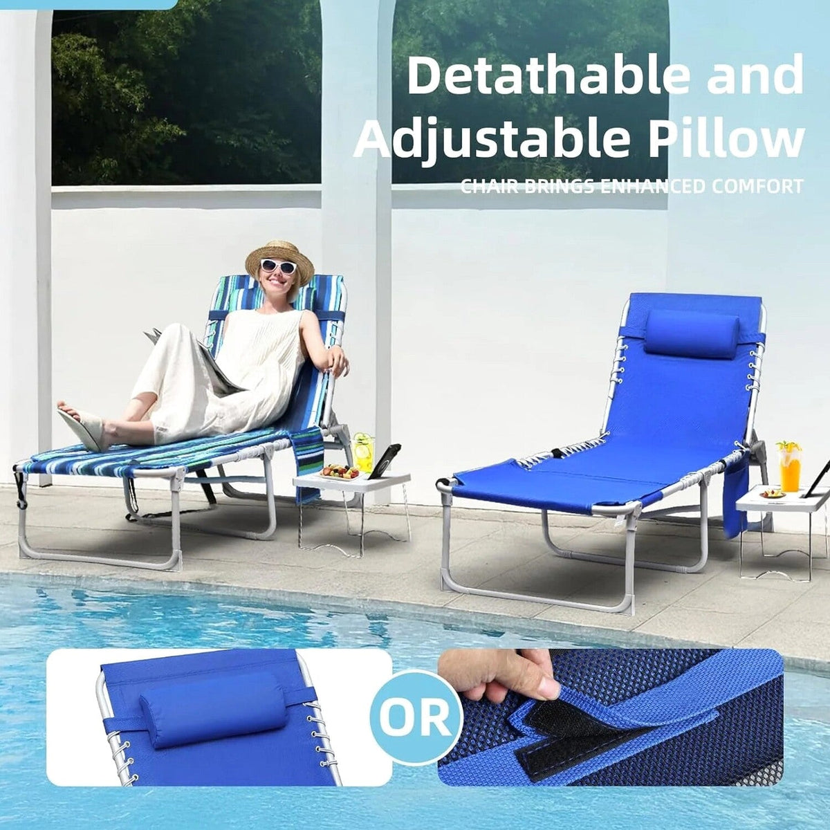 3-in-1 Outdoor Sun Tanning Lounge Chair with Face Hole 5-Position Recliner, Folding Side Table &amp; Removable Pillow, 330lbs Capacity, Blue
