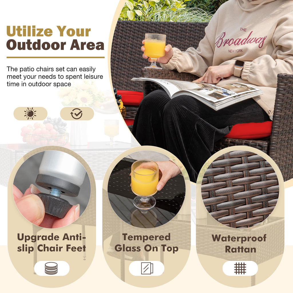 4-Piece Outdoor Patio Furniture Set With Rattan Wicker Chairs, Loveseat And Glass-Top Table