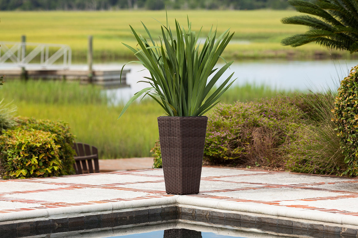 All-Weather Wicker Planter Set With Liners, 2 Piece, Mocha, 11 in L x 11 in W x 23 in H