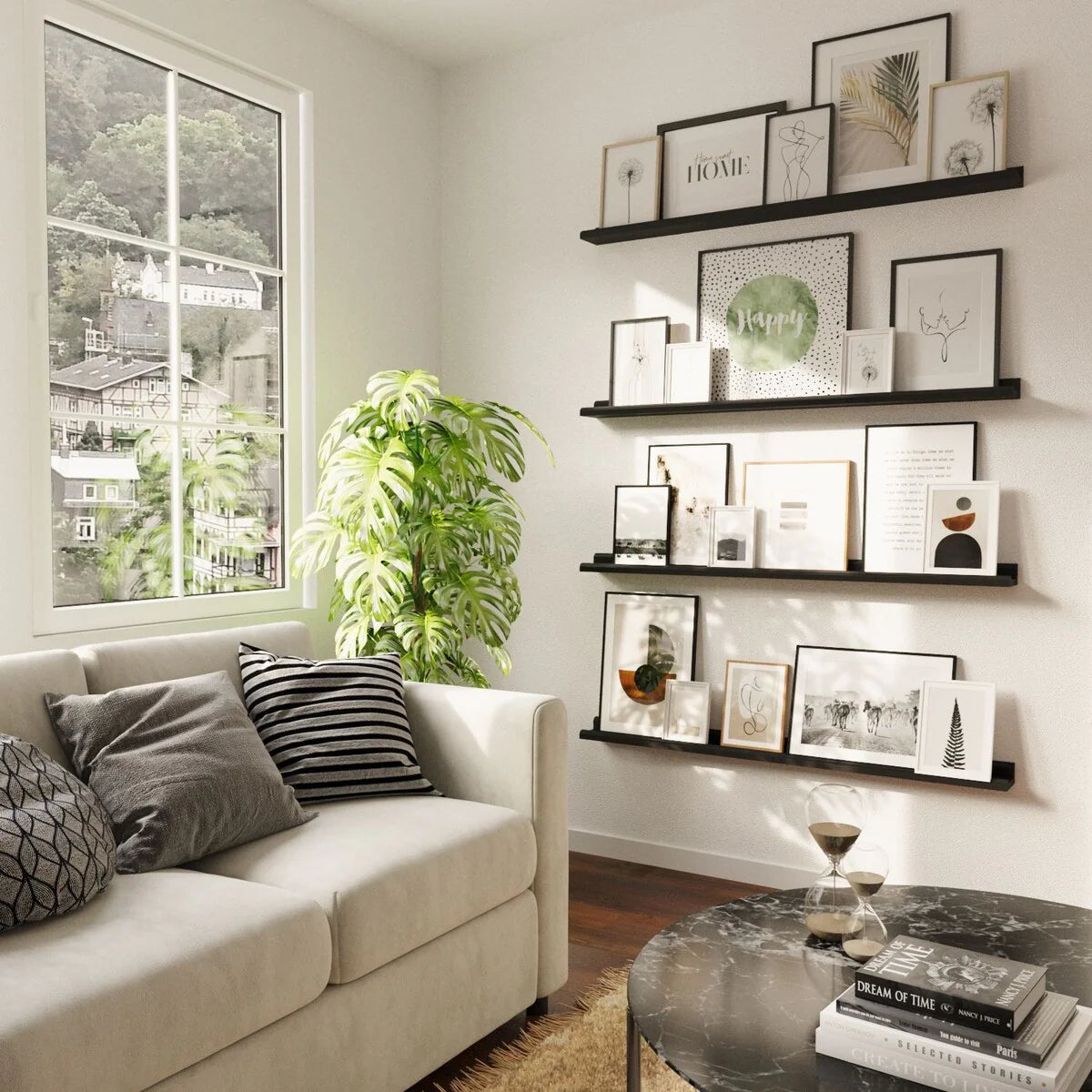 Floating Wall Shelves, Set Of 4, 46 x 3.8 x 2 Inch MDF Wood Picture Ledges