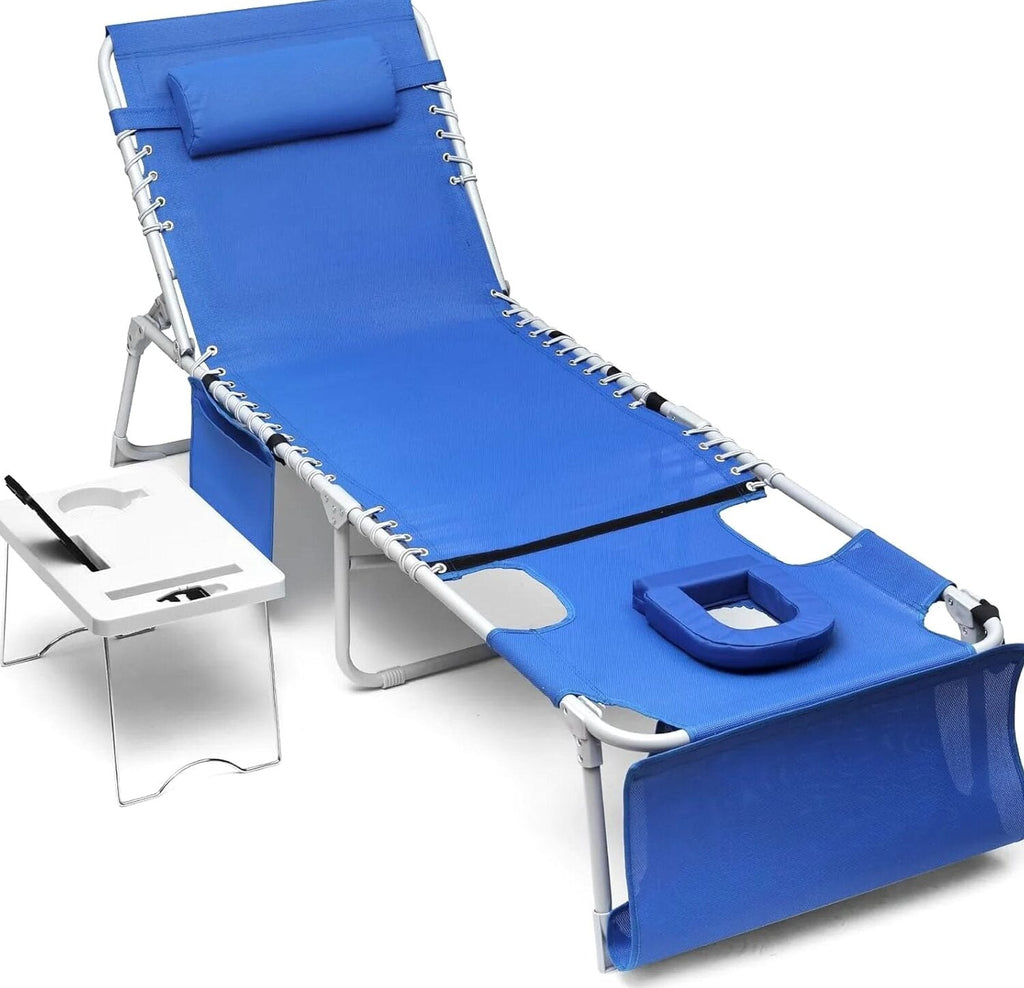 3-in-1 Outdoor Sun Tanning Lounge Chair with Face Hole 5-Position Recliner, Folding Side Table &amp; Removable Pillow, 330lbs Capacity, Blue