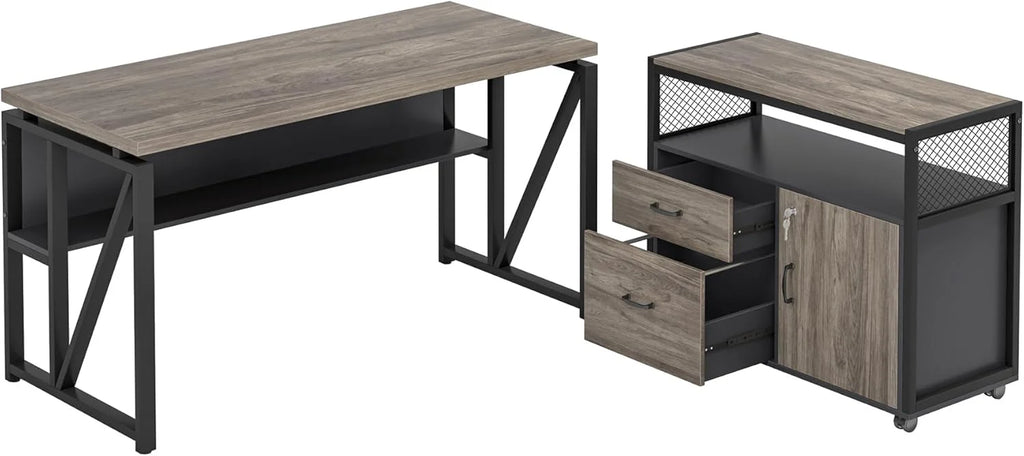 L-Shaped Computer Desk With Drawer Cabinet, 63 Inches, 2 Piece - Gray