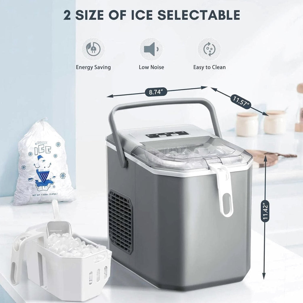 Countertop Ice MakerPortable Ice Machine with Carry HandleSelf-CleaningBasket and Scoop9 Cubes in 6 Mins26.5lbs/24Hrs2 Sizes of Bullet Icefor HomeKitchenPartyGrey