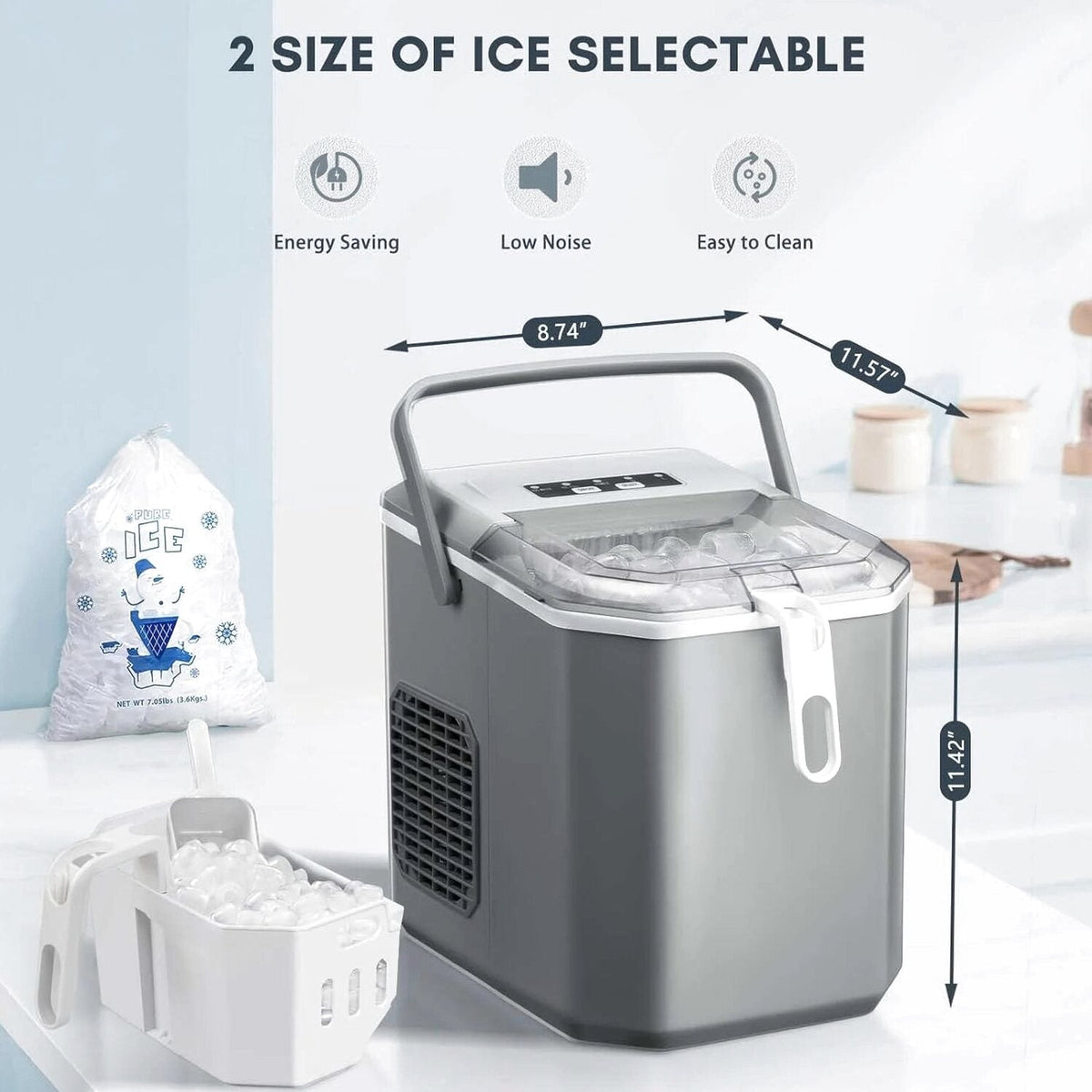 Countertop Ice MakerPortable Ice Machine with Carry HandleSelf-CleaningBasket and Scoop9 Cubes in 6 Mins26.5lbs/24Hrs2 Sizes of Bullet Icefor HomeKitchenPartyGrey
