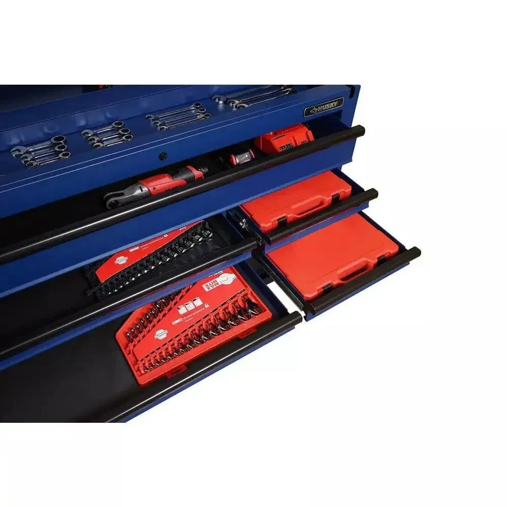 Heavy-Duty 52 in. 9-Drawer Mobile Workbench With Adjustable-Height Solid Wood Top - Matte Blue