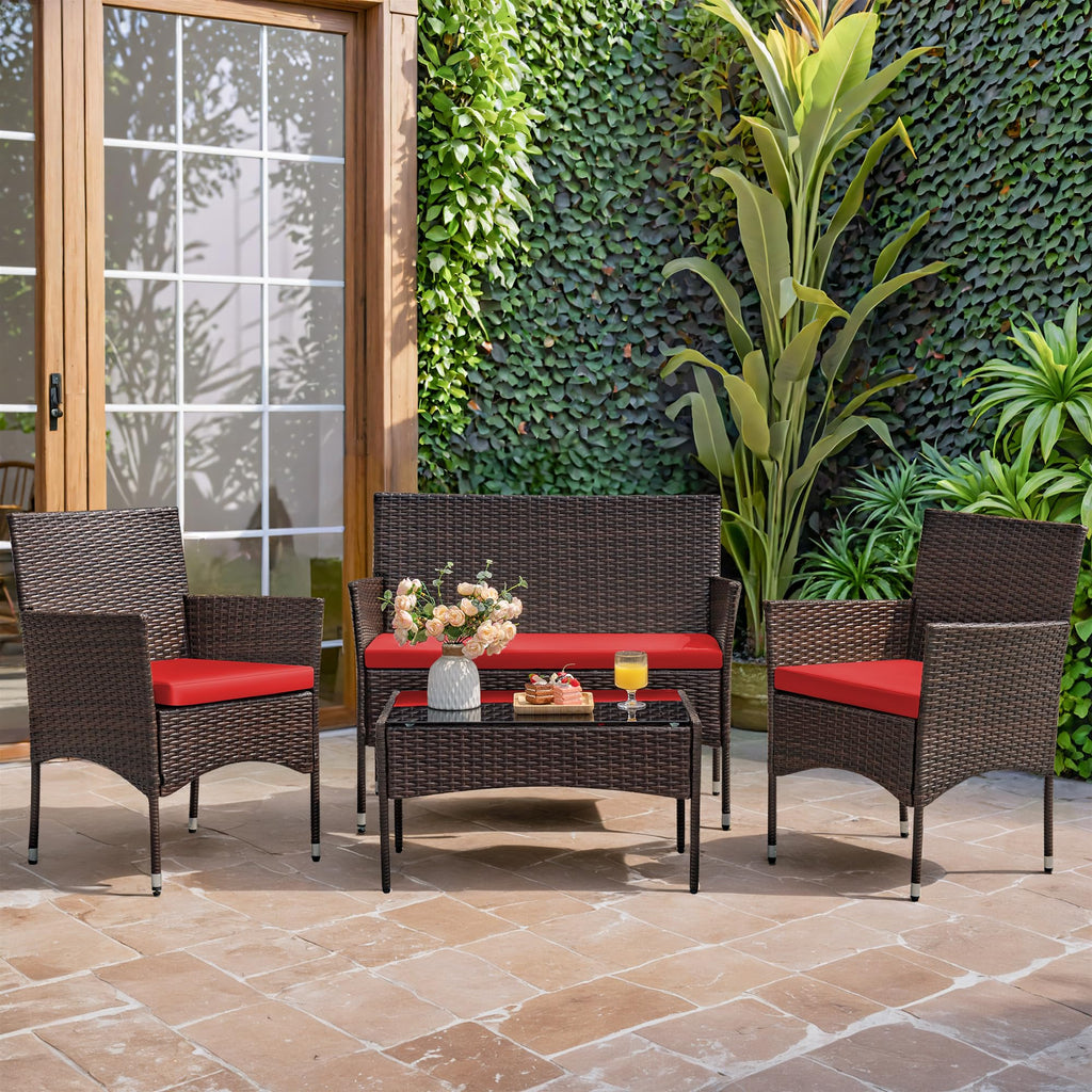 4-Piece Outdoor Patio Furniture Set With Rattan Wicker Chairs, Loveseat And Glass-Top Table