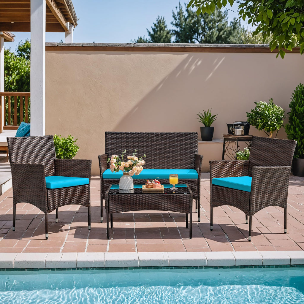 4-Piece Outdoor Patio Furniture Set With Rattan Wicker Chairs, Loveseat And Glass-Top Table