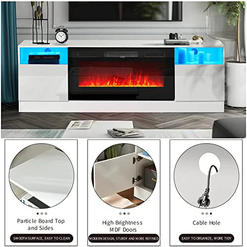Oneinmil Fireplace TV Stand, 70in L x 13.8in W x 23in H, White - 36in Electric Fireplace