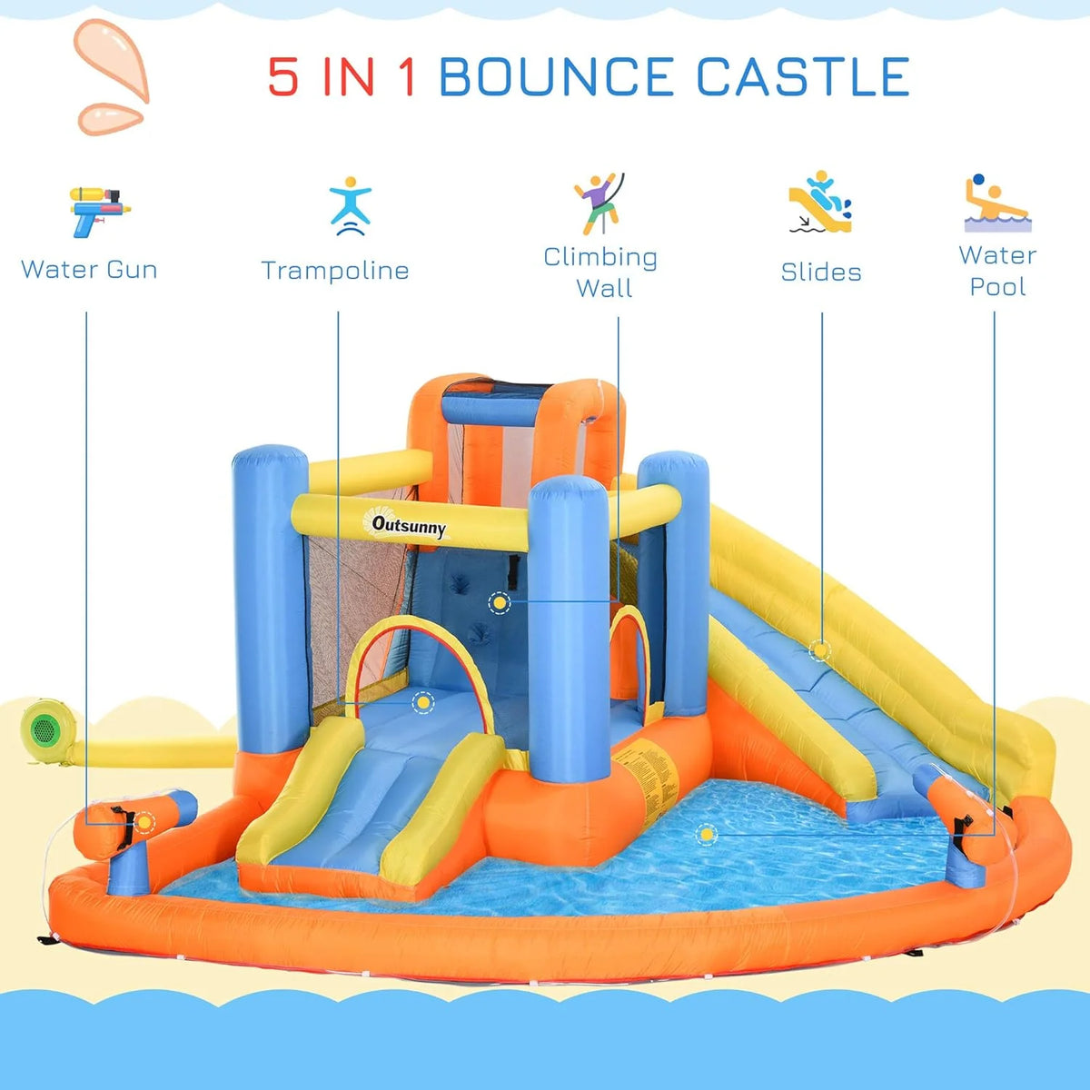 Outsunny 5-in-1 Inflatable Water Slide Bounce House, Orange Blue Yellow, 450W Air Blower