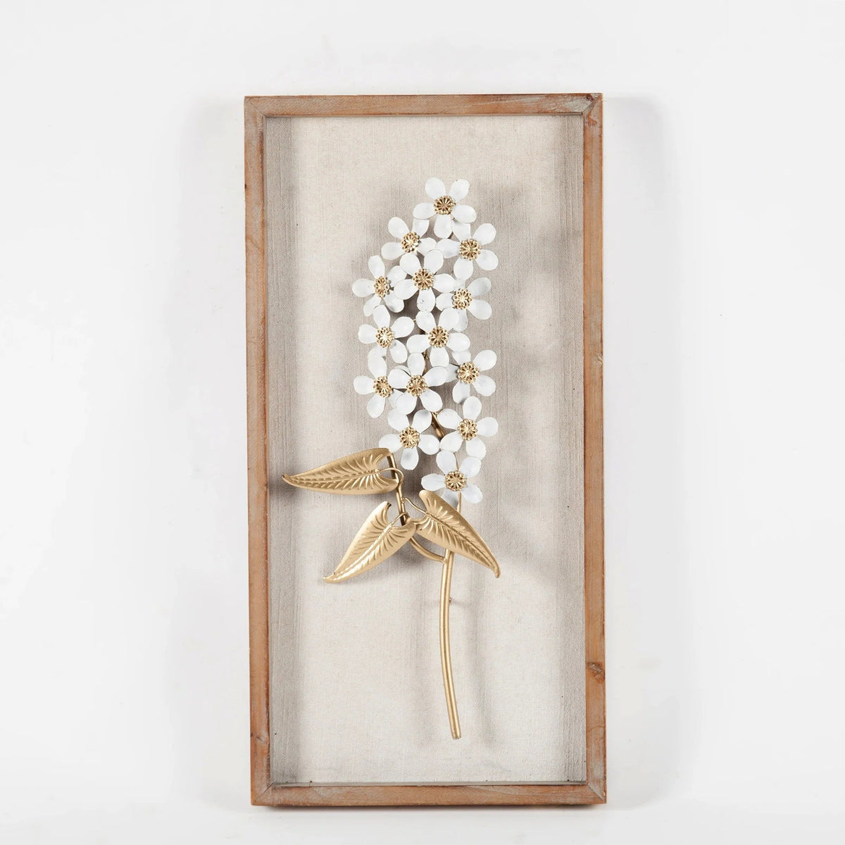 Metal Flower Wall Decor With Wood Frames, White And Gold, Set Of 2 - 23.6in H x 11.81in W x 1.2in D