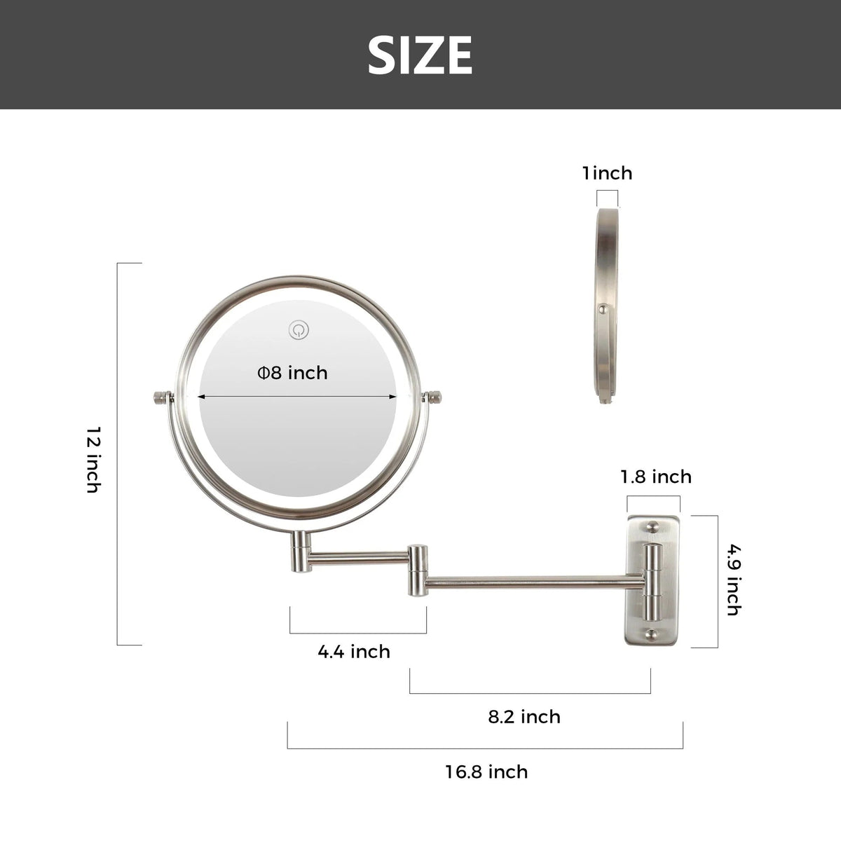 8 Inch Round Wall-Mounted Makeup Mirror, Rechargeable, 1X/10X Magnification, 3-Color LED Lights