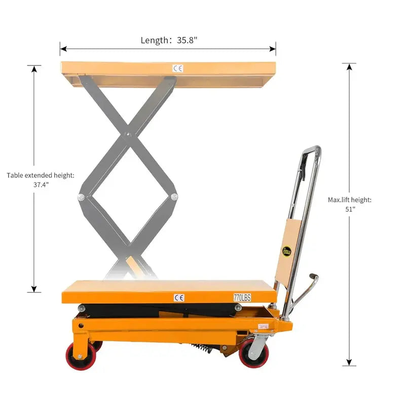 Apollolift Double-Scissor Hydraulic Lift Table Cart, 770 Lb Capacity, 51-Inch Max Height