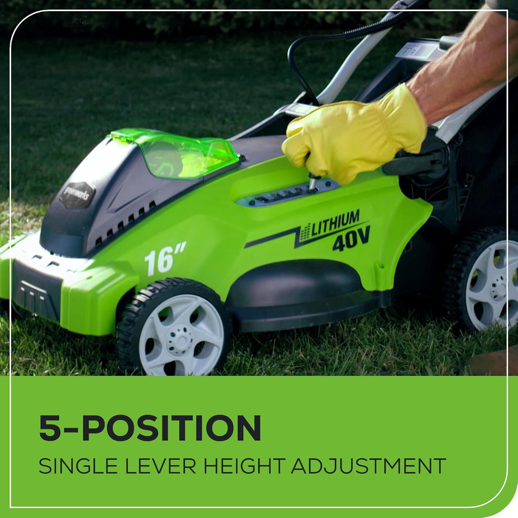 Greenworks Cordless Lawn Mower 40V 16in 4.0Ah Battery And Charger - 45Min Runtime