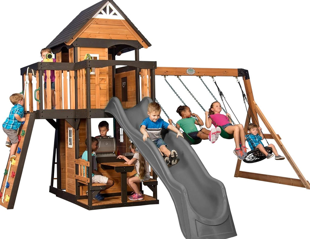 Backyard Discovery Canyon Creek Cedar Wood Swing Set with Wave Slide, Clubhouse, Play Kitchen, Picnic Area, Belt Swings, Web Swing, Rock Wall, Balconies, Playhouse, Step Ladder, Outdoor Playset