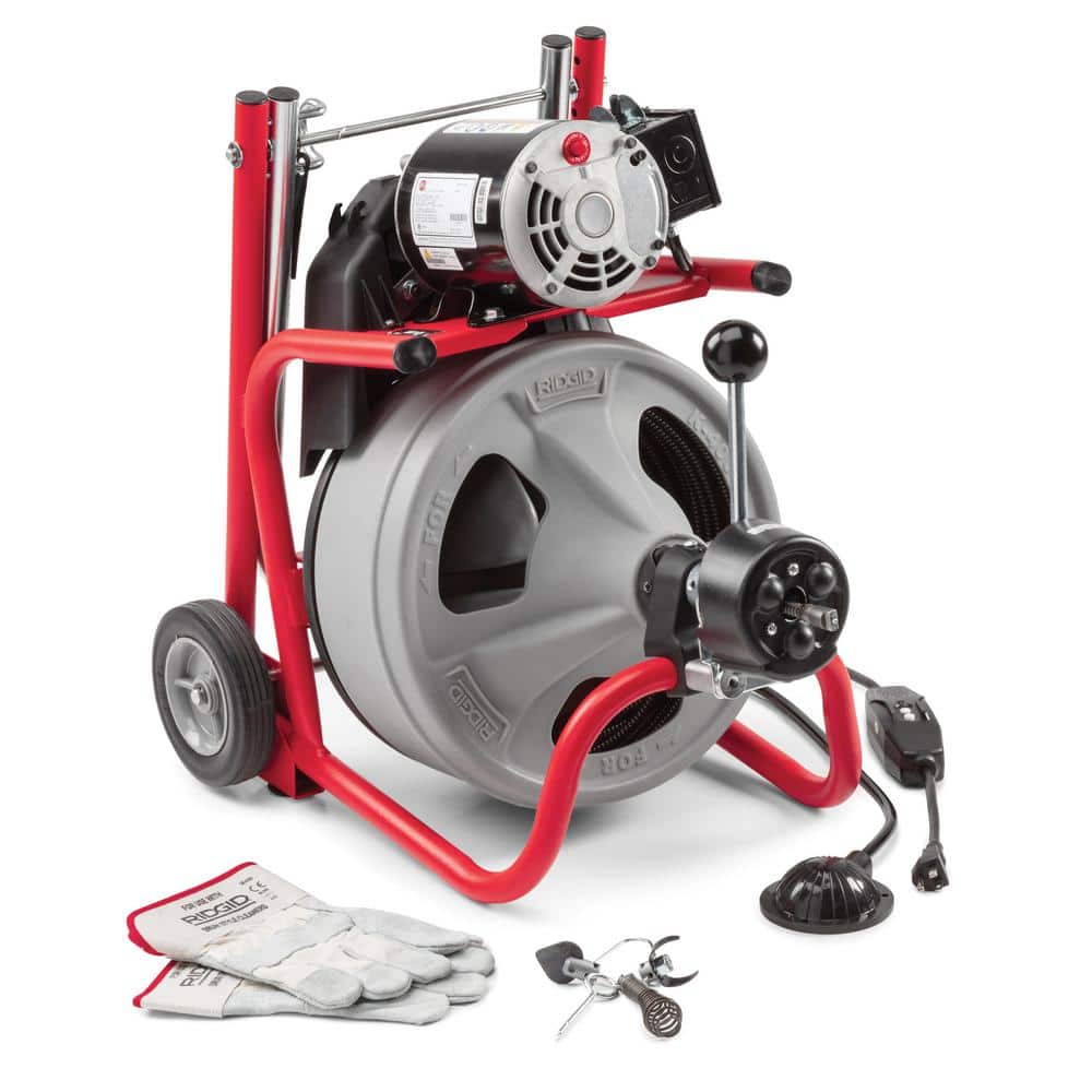 120V Drum Drain Cleaning Snake Auger With 3/8-In. X 75-Ft. Cable, 4-Piece Tool Set And Gloves