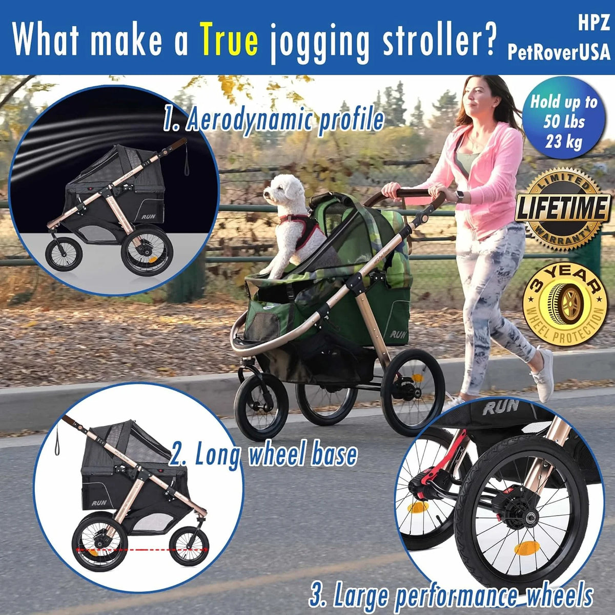 HPZ-PR America Pet Rover Run Jogging Pet Stroller, 50 lbs, Camo Green - B08R9KCWW1