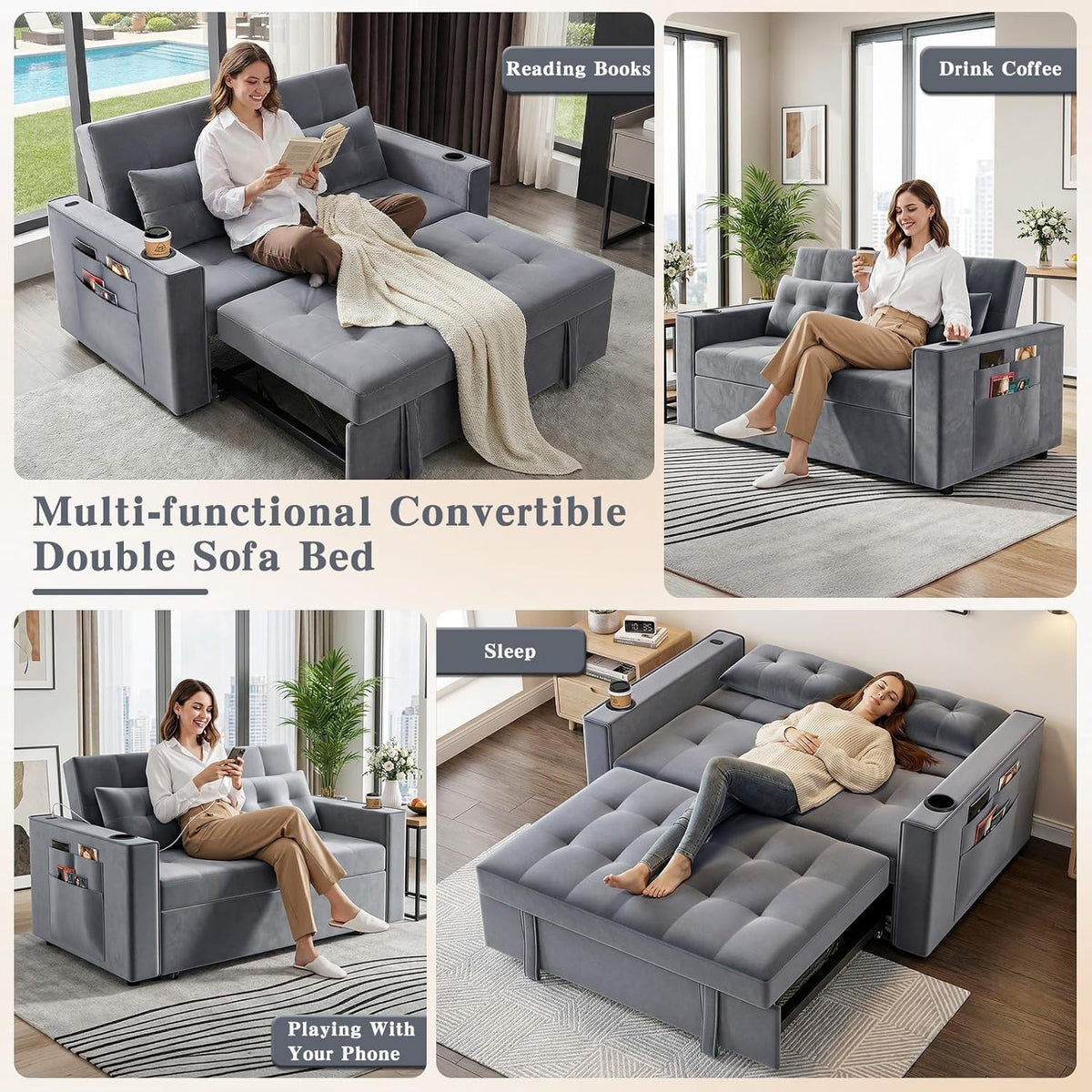 3-in-1 Pull-Out Sofa Bed With Charging Station, Cup Holder And Side Storage - 70in Grey