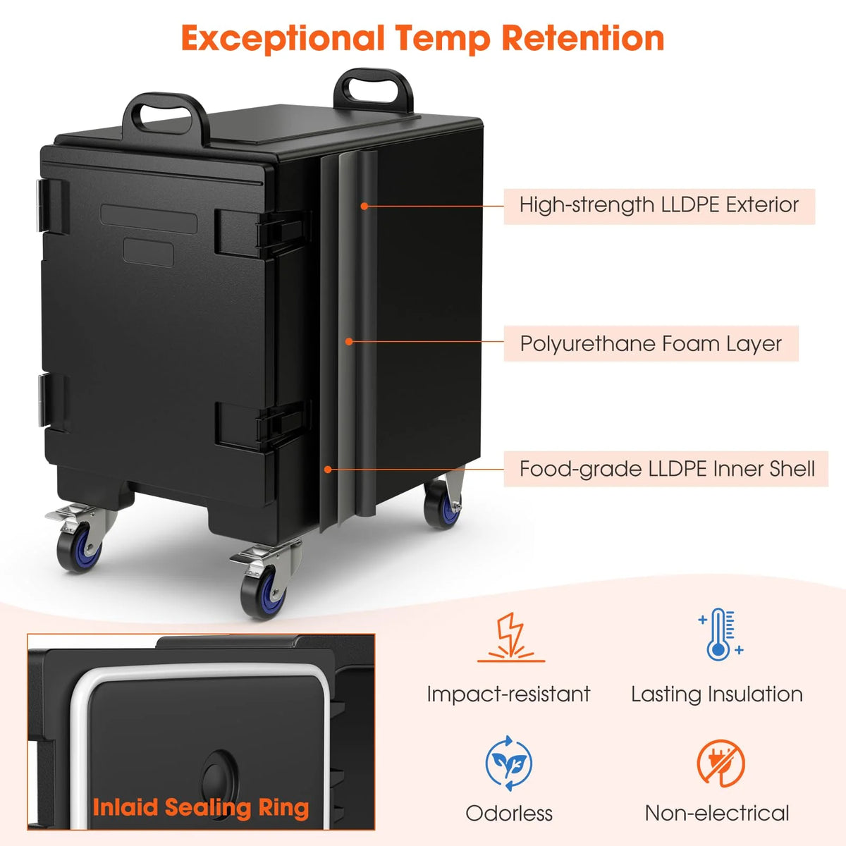 Insulated Food Pan Carrier, 81 Quart, 5 Full-Size Pans, Black