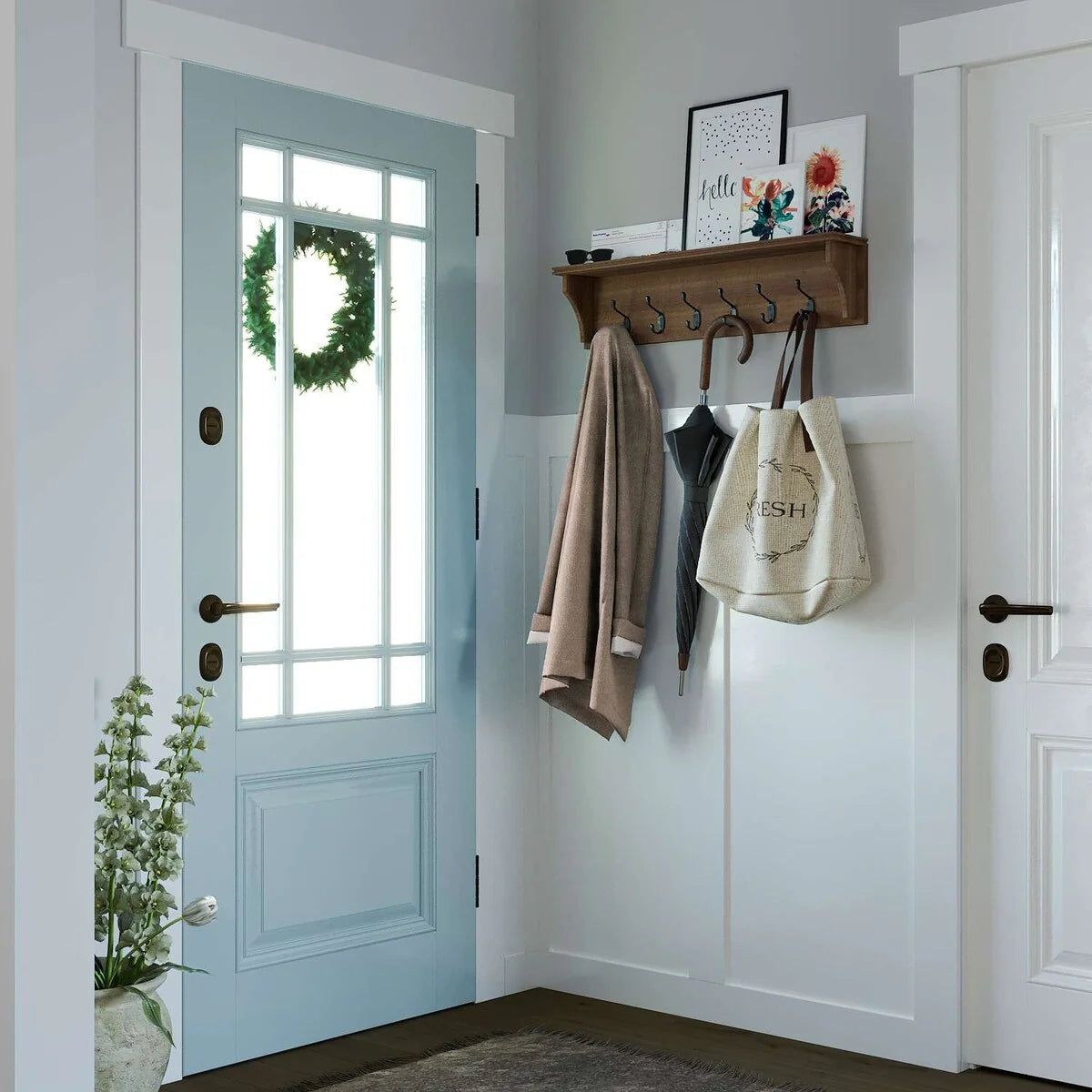 Wood Wall-Mounted Key Holder With Shelf, Mail Organizer And Large Coat Hooks