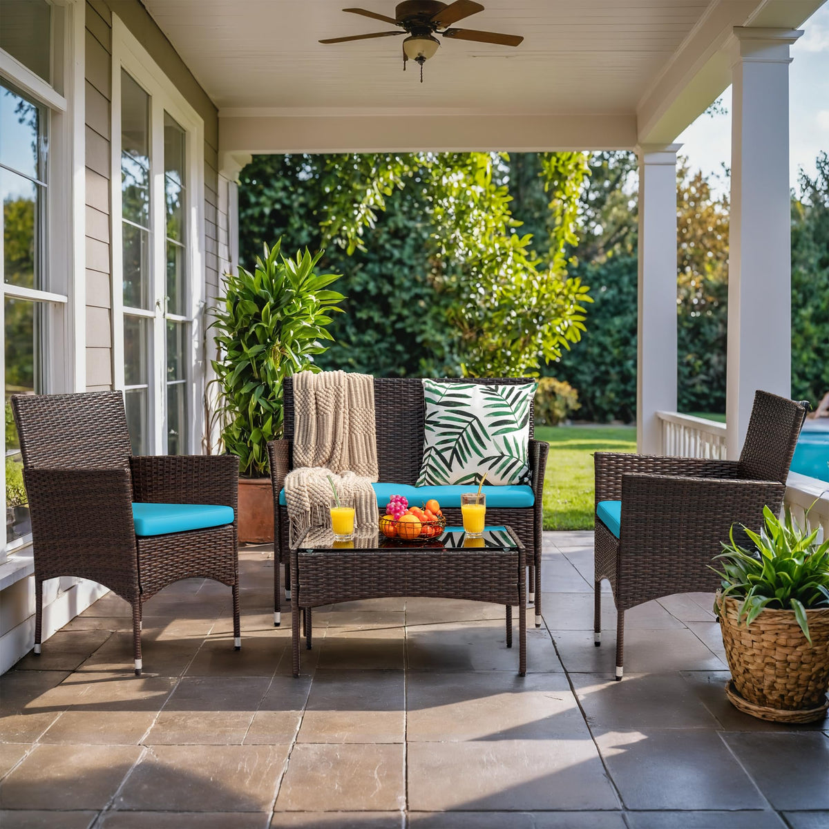 4-Piece Outdoor Patio Furniture Set With Rattan Wicker Chairs, Loveseat And Glass-Top Table
