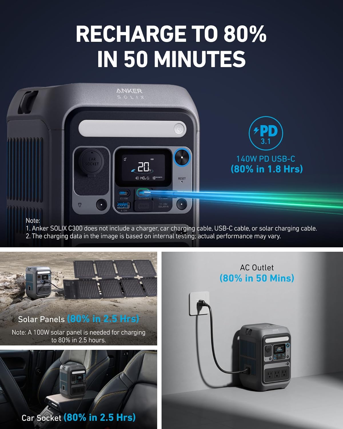 Anker SOLIX C300 Portable Power Station, 288Wh Battery, 300W - C300