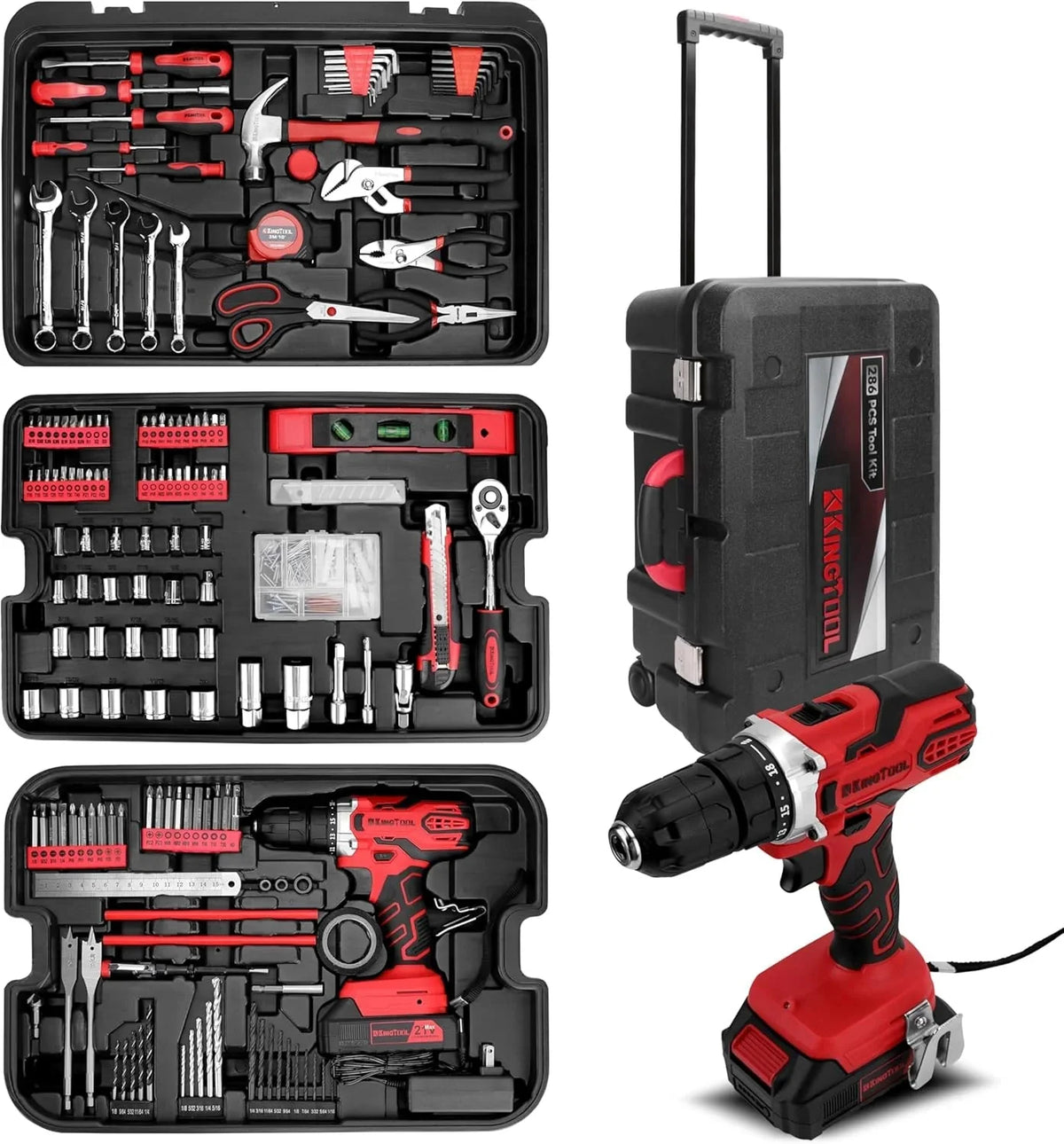 KINGTOOL 286-Piece Home Auto Repair Tool Set With Rolling Tool Box And 21V Max Cordless Power Drill
