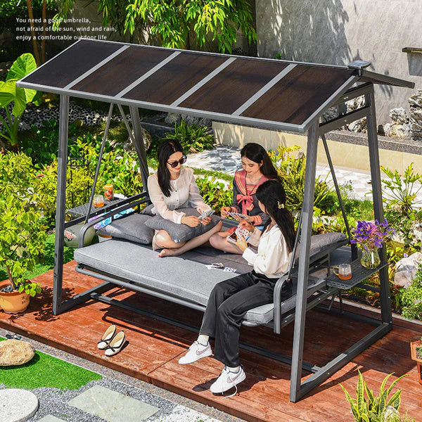 Outdoor Swing With Removable Canopy And 4 Grey Pillows