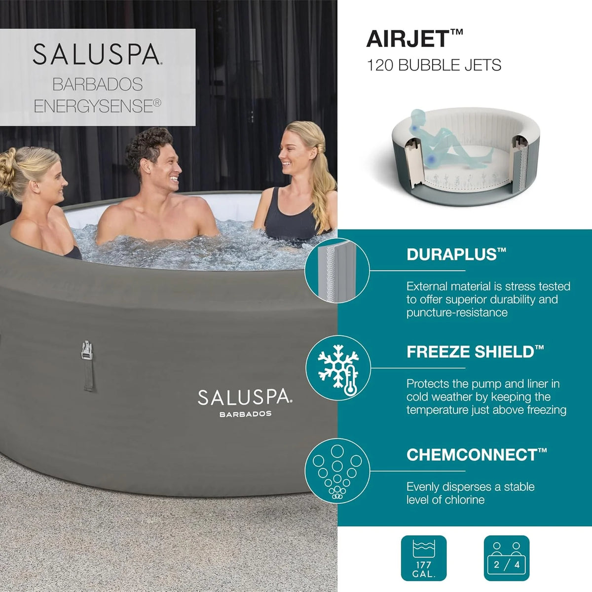 Bestway SaluSpa Miami Inflatable Hot Tub Spa, 71 x 26 in, 2-4 Person, Black - 60104E