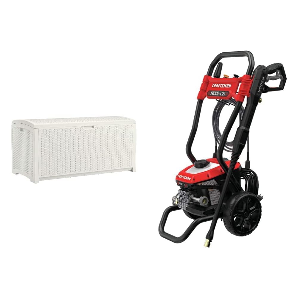 Suncast 99 Gallon Resin Wicker Patio Storage Box, White, With CRAFTSMAN 1900 PSI Electric Pressure Washer - CMEPW1900