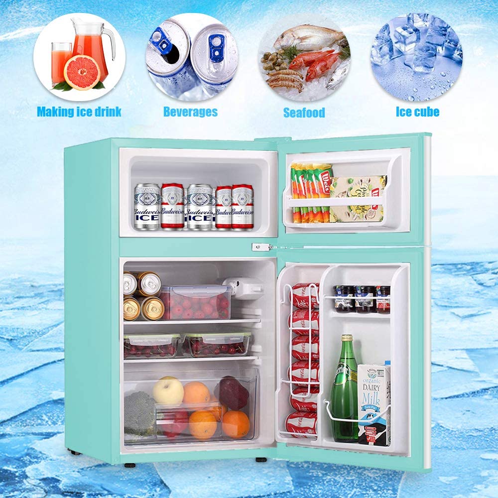 3.2 Cu.ft Compact Double Door Refrigerator With Freezer, 19 inch x 33.5 inch x 20 inch, Green