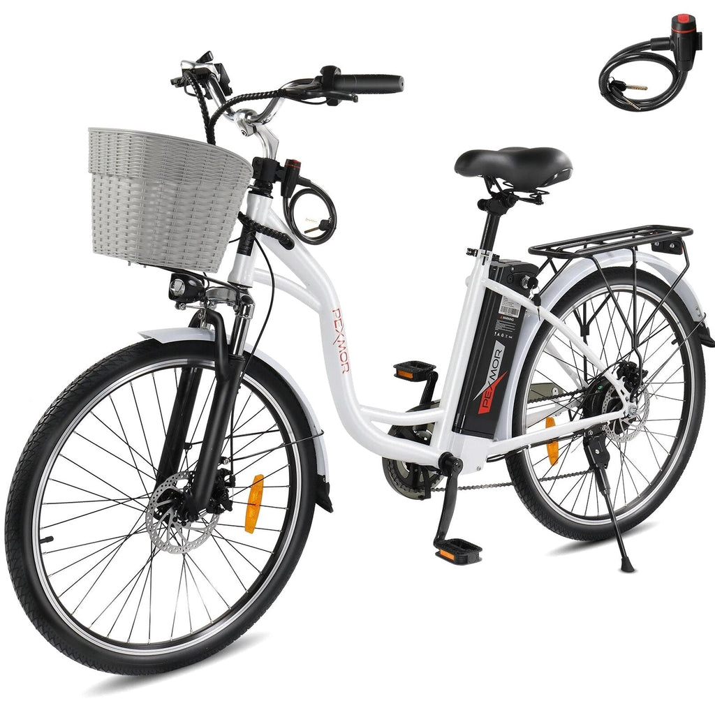 PEXMOR Electric Bike for Adults 350W (Peak 500W) City Commuter Ebike 36V 12.5AH Removable Battery 26" Cruiser Electric Bicycle Shimano 6-Speed | Dual Shock Absorber | Basket