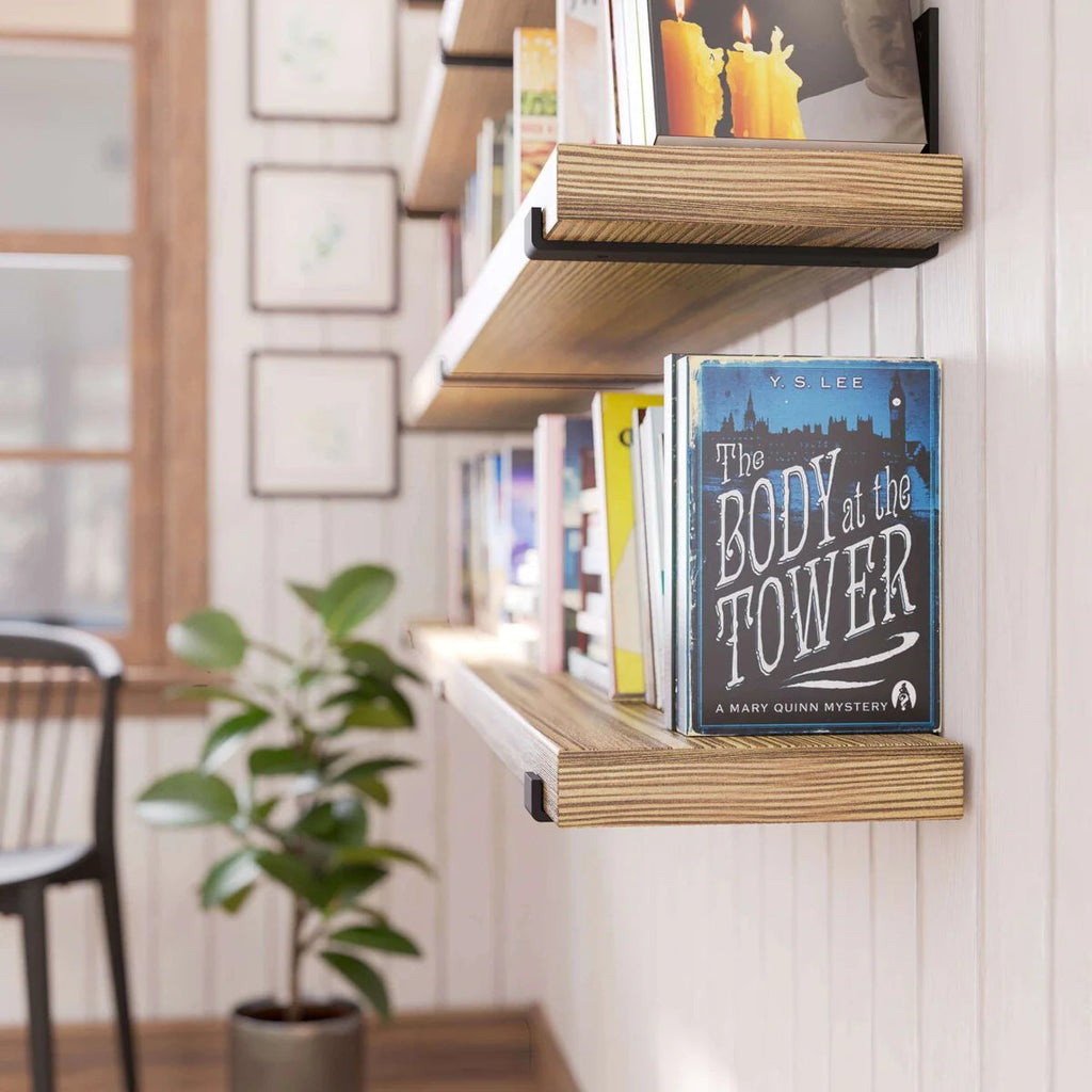 72 Inch Paulownia Wood Floating Wall Shelves, Set Of 2, Burnt - 72 Inch