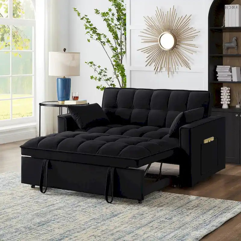 4-in-1 Velvet Pull-Out Sleeper Sofa Bed Loveseat With Reclining Backrest And 2 Side Pockets