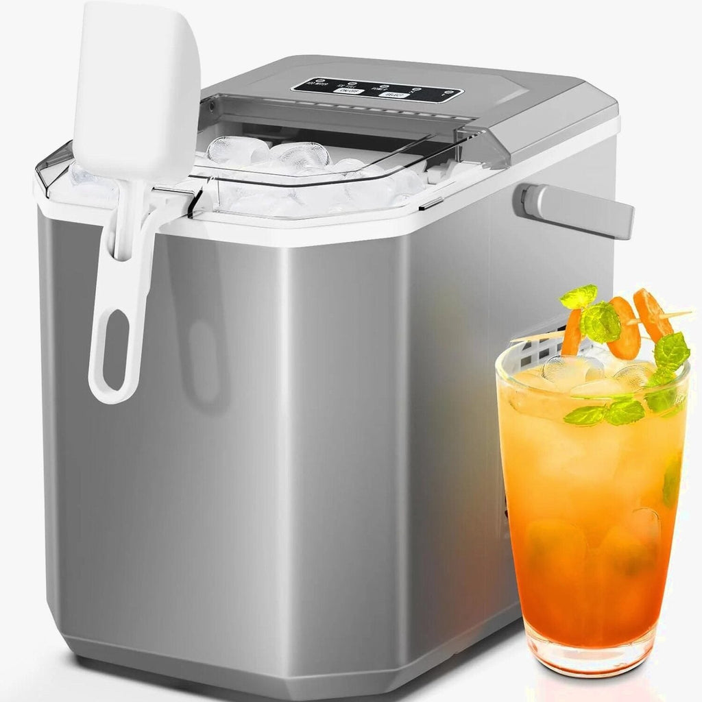 Countertop Ice MakerPortable Ice Machine with Carry HandleSelf-CleaningBasket and Scoop9 Cubes in 6 Mins26.5lbs/24Hrs2 Sizes of Bullet Icefor HomeKitchenPartyGrey