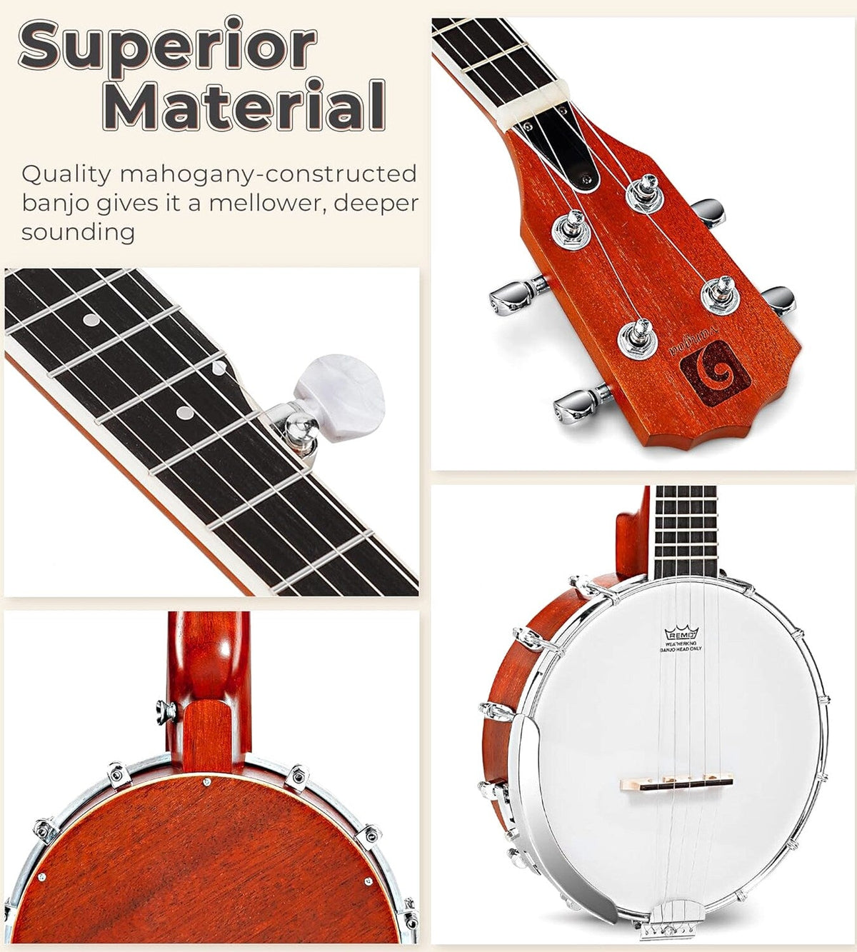 String Banjo 26 Inch MINI Travel Banjo Banjo Beginner Kit with Remo Head Open Back &amp; Closed Solid Back with beginner Kit Comfortable Carrying Bag