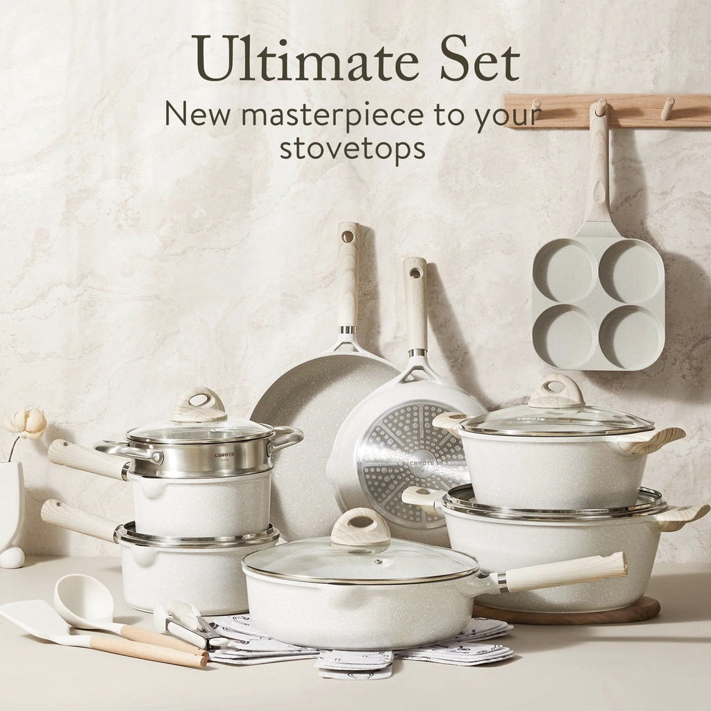Carote 21-Piece Nonstick Cookware Set, Eco-Friendly Granite, Induction Compatible, Beige
