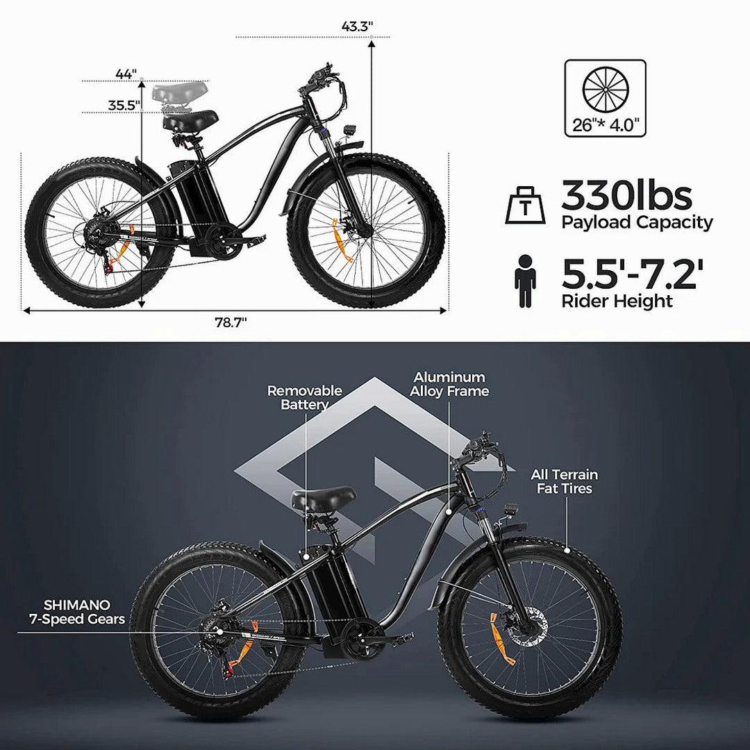 750W Electric Mountain Bike - 48V/15Ah Battery, Dual Disc Brakes, Shimano 7-Speed, Black