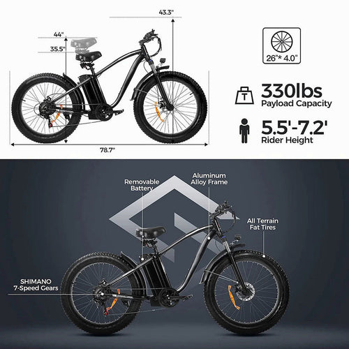 750W Electric Mountain Bike - 48V/15Ah Battery, Dual Disc Brakes, Shimano 7-Speed, Black