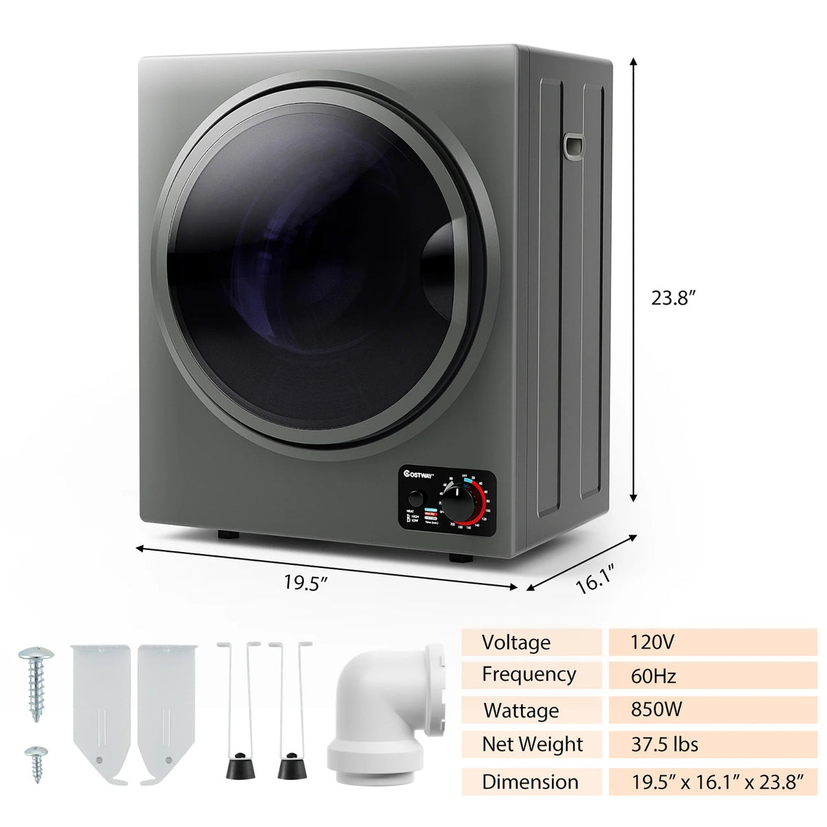 Costway Compact Electric Laundry Dryer, 1.5 cu. ft., 10 lbs, Stainless Steel - Wall Mounted