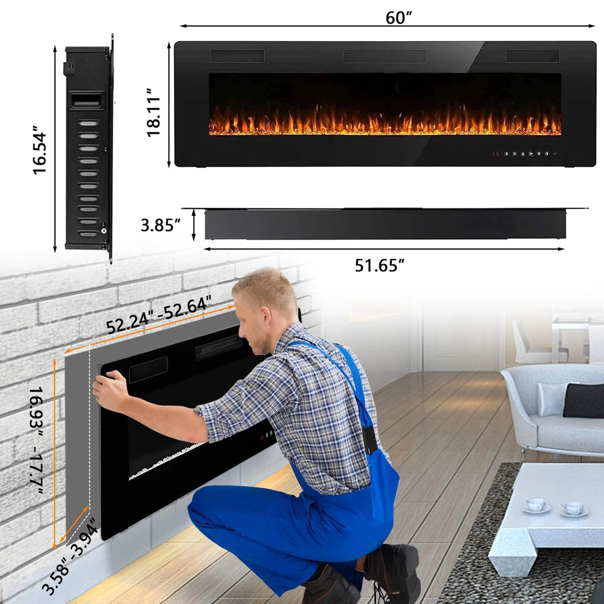 Ultra-Thin Linear Electric Fireplace, 30-72 Inch, Wall Mounted/Recessed