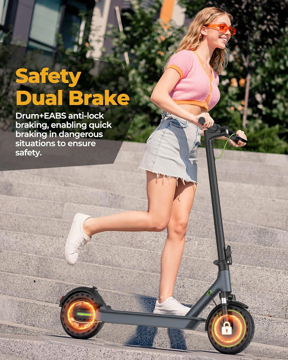 Electric Scooter - 8.5" Solid Tires, 350W Motor, Up to 19 MPH and 21-23 Miles Long-Range Portable Foldable Commuting Scooter for Adults with Double Braking System and App
