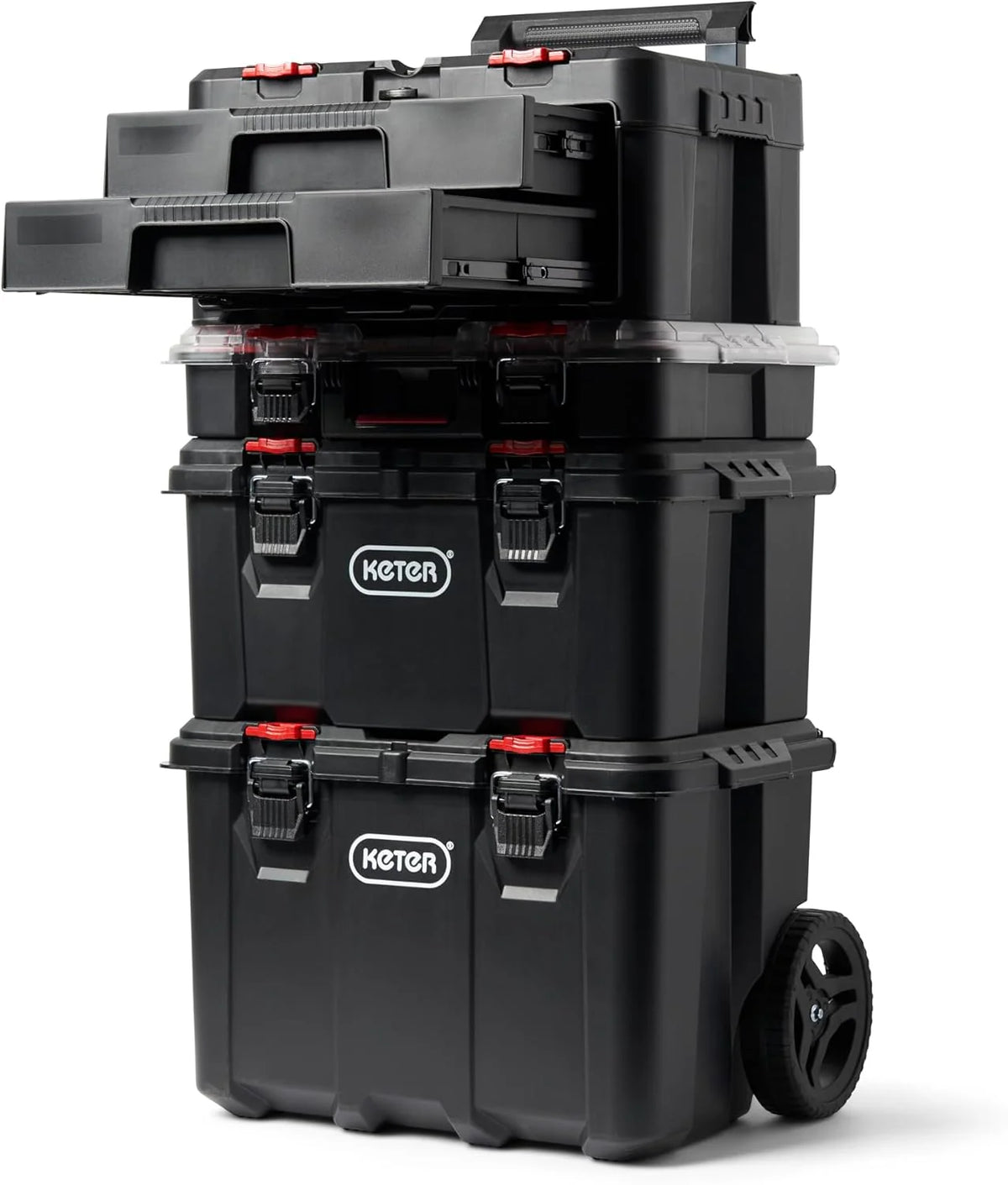 Keter Rolling Tool Box System, 3 Piece, Black/Red - 3 Piece Resin Modular Toolbox System
