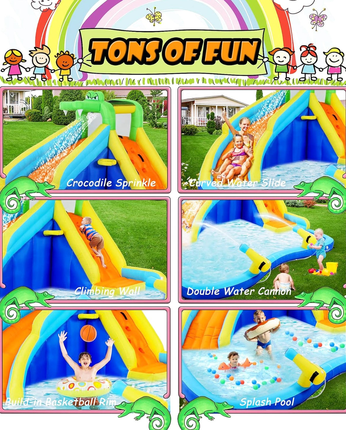Inflatable Water Slides for Kids 8-in-1 Bounce House Water Park with 450W Blower Climbing Wall, Splash Pool, 2 Water Cannons, Basketball Hoop, Water Slide, Crocodile Sprinkler for Gift Backyard Party
