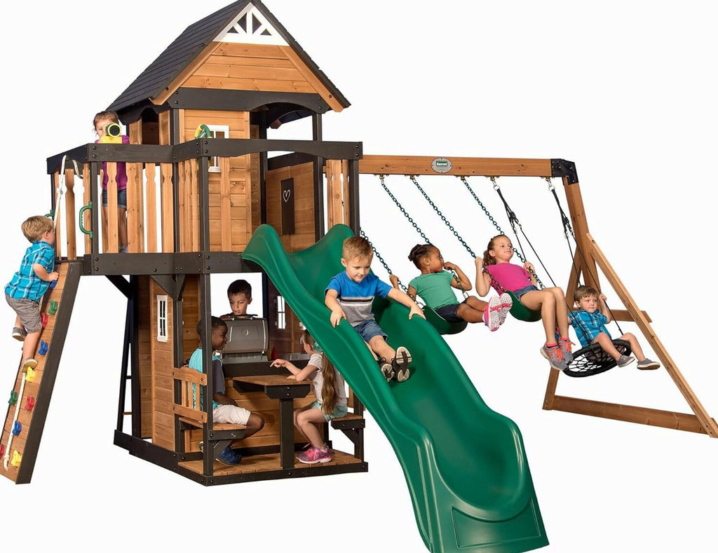 Backyard Discovery Canyon Creek Cedar Wood Swing Set with Wave Slide, Clubhouse, Play Kitchen, Picnic Area, Belt Swings, Web Swing, Rock Wall, Balconies, Playhouse, Step Ladder, Outdoor Playset