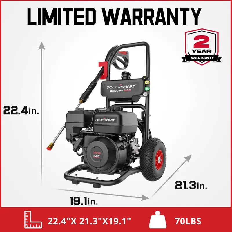 PowerSmart Gas Pressure Washer, 3200 PSI, 2.5 GPM, 5 Nozzles, 0.7 Gallon Gas Tank, 0.8 Gallon Soap Tank